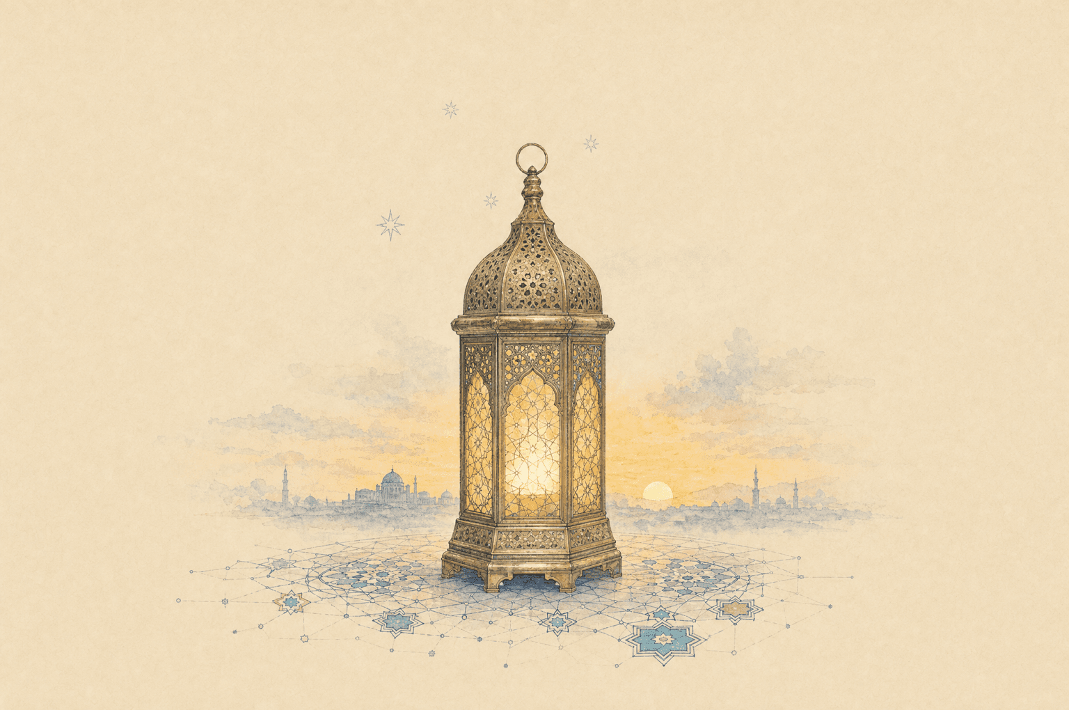 Ink and watercolor illustration with eight-pointed star motifs on warm parchment.
