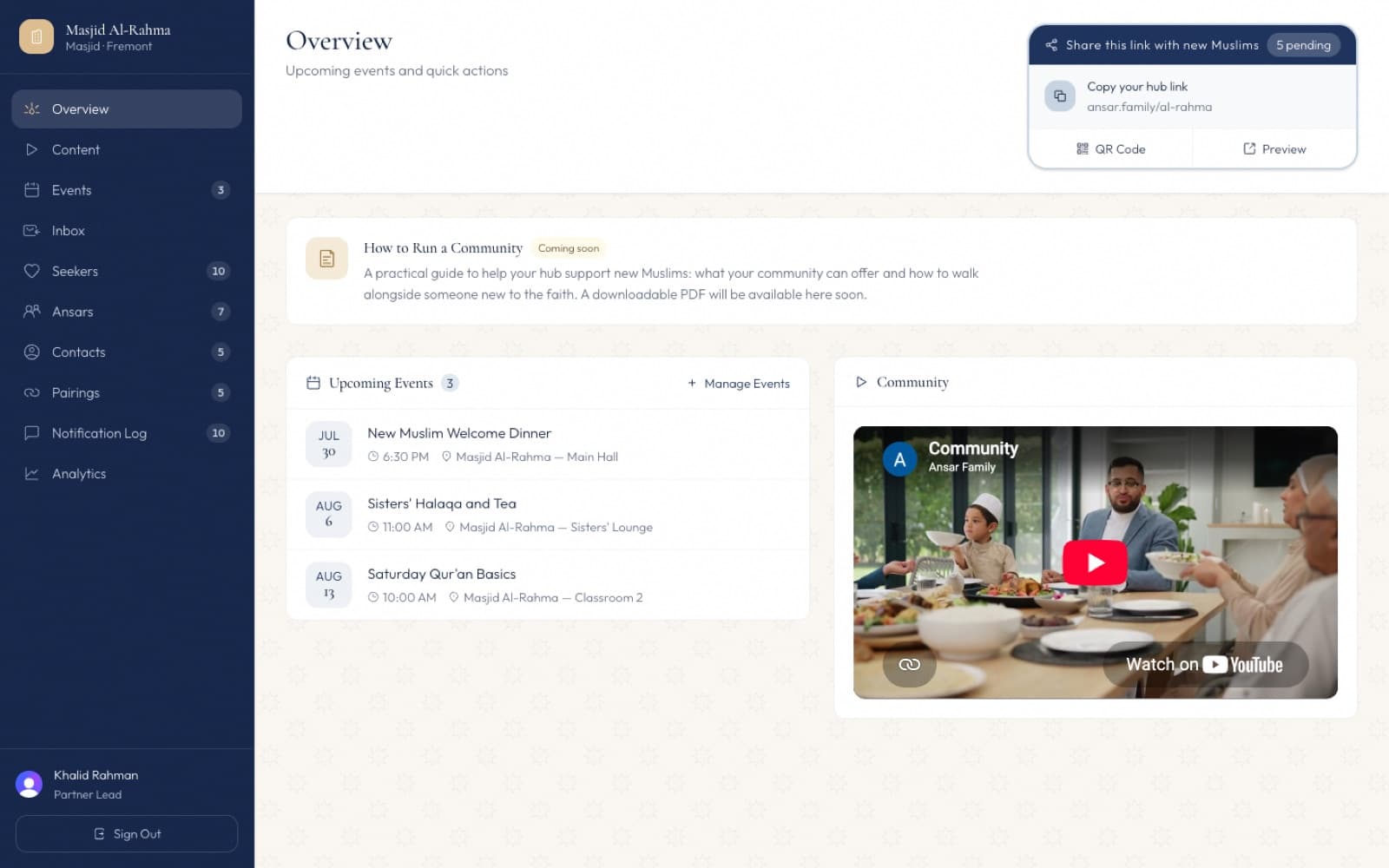 The Partner Hub console showing upcoming community events and local resources.
