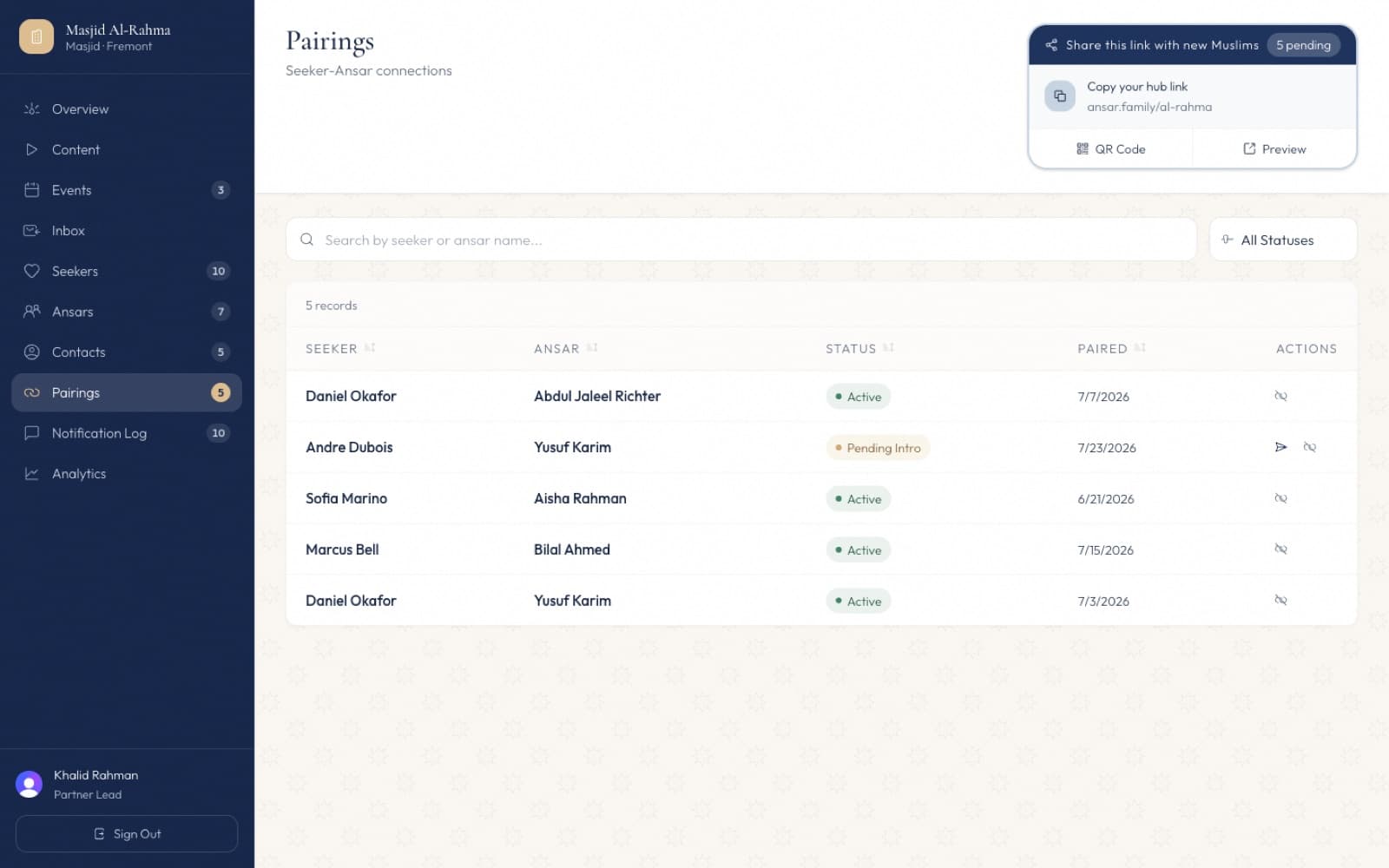 The Partner Hub console's Pairings view showing local introductions and their current status.