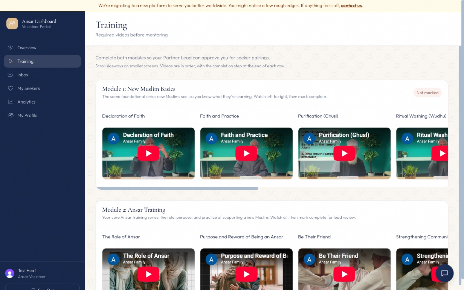 The Ansar training view, showing the two required video modules a volunteer completes before any introduction.