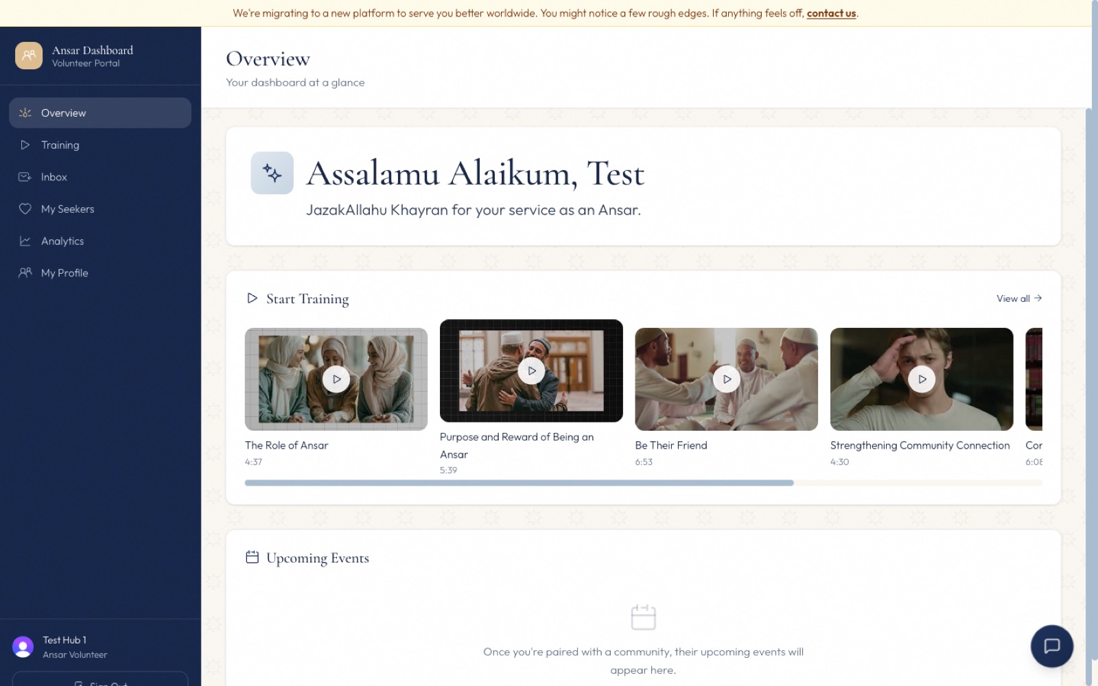 The Ansar volunteer console, showing a personal greeting and the training series a volunteer works through.