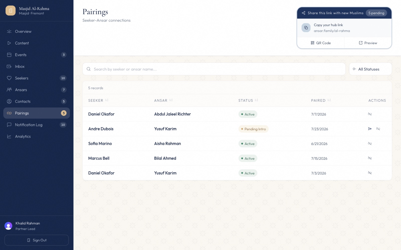 The Partner Hub console's Pairings view: a hub lead's list of seeker-and-Ansar introductions, each with a status like Active or Pending Intro and the date it was made.