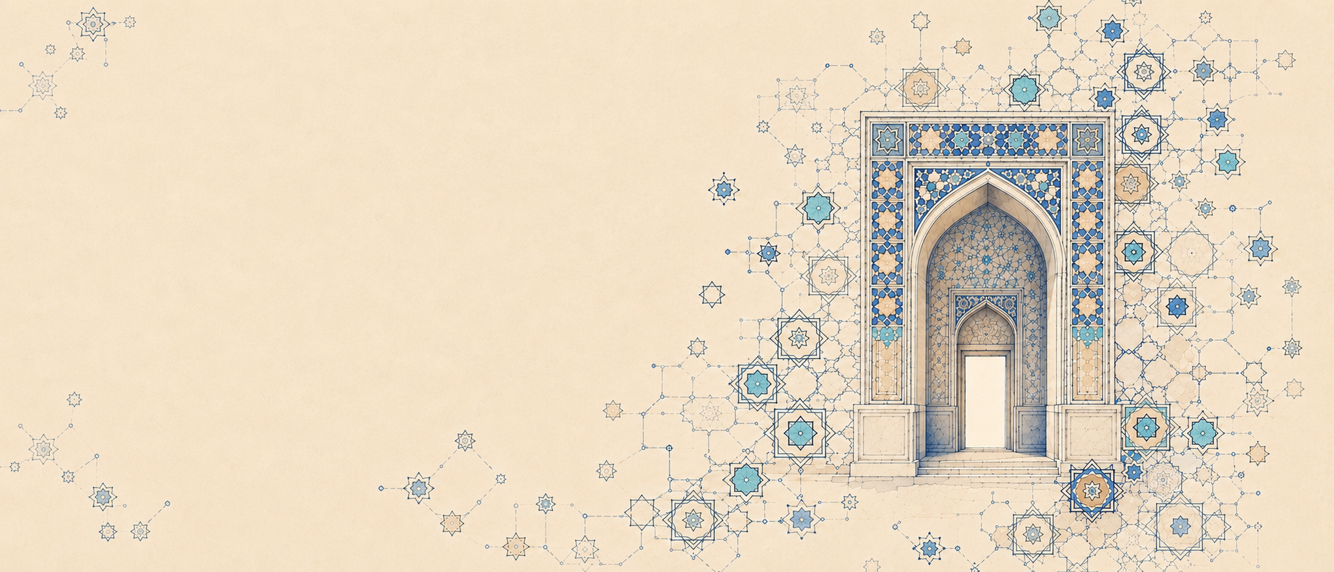 A painterly Samarkand threshold with an emerging geometric star network dissolving into warm parchment
